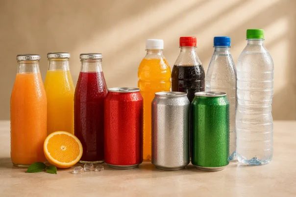 Cases of juices, soft drinks and bottled water