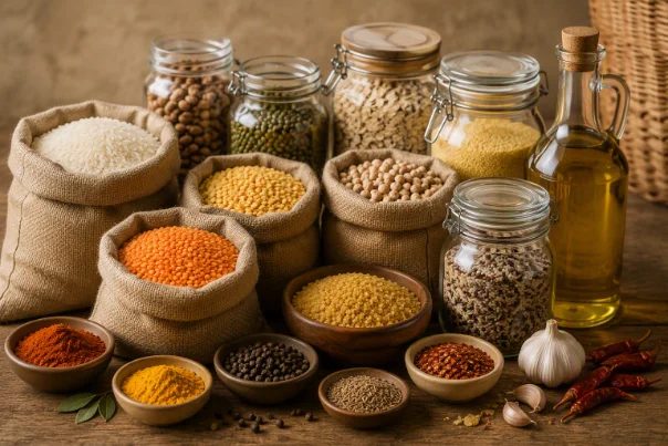 Dry groceries — grains, oils, spices and canned staples