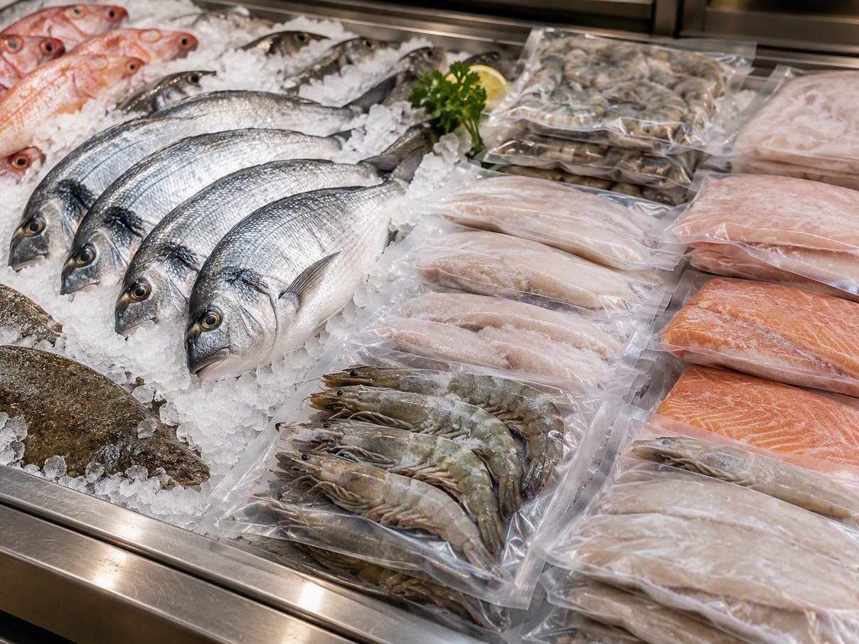 Fresh and blast-frozen fish, prawns and shellfish