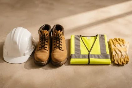 Safety helmets, hi-vis workwear and office supplies on a shelf