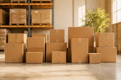 Stacked corrugated shipping boxes ready for dispatch