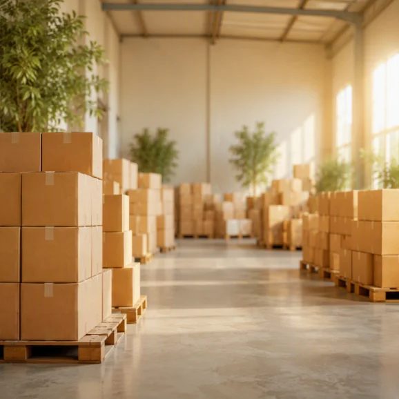 Warehouse shelving stocked with sealed cartons of general trading goods