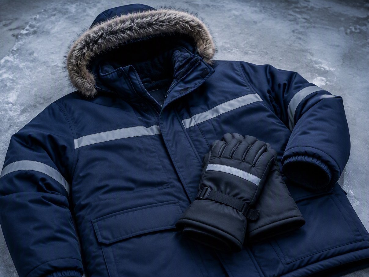 Insulated freezer jacket and cold-store gloves