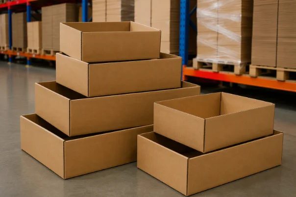 Open-top half slotted containers stacked for loading