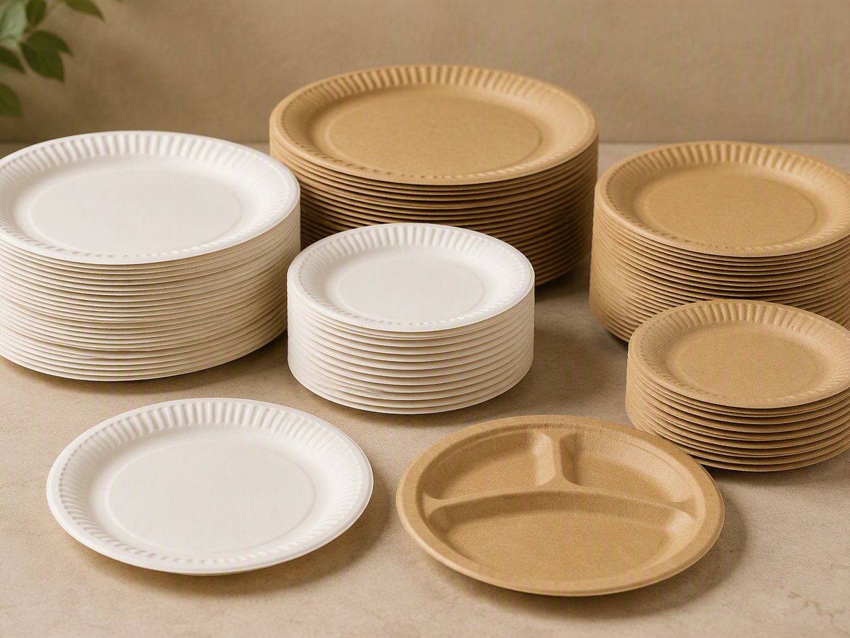 Stacks of round paper plates in several sizes